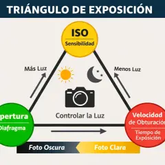 Diagrama del triángulo de exposición: ISO, apertura y velocidad de obturación. La apertura controla la luz para una fotografía.