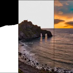 Imagen dividida: costa rocosa con arco, mar y cielo al atardecer. Se muestra el logo de Photoshop y una **máscara de capa** en proceso.