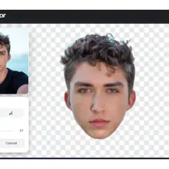 Interfaz de Fotor para recortar una persona de una foto, mostrando la cabeza de un joven sobre un fondo transparente y herramientas de edición.