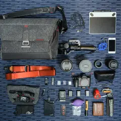 Un ejemplo de **knolling**: equipo fotográfico y de video organizado meticulosamente: cámara, lentes, estabilizador, tablet gráfica, teléfono, accesorios y bolso.