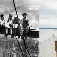 Obreros en Nueva York, una foto icónica de trabajadores almorzando en una viga, comparada con obreros modernos en una obra.