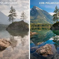 Comparación de paisaje de lago: sin polarizador (izq.) con reflejos apagados y bruma; con polarizador CPL (der.) para que sirve: realza colores, cielos y reflejos nítidos.