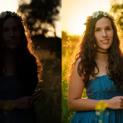Comparación de fotografía: lado izquierdo con sobreexposición, lado derecho con luz dorada y detalles visibles.