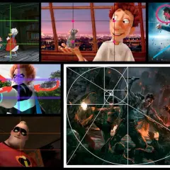 Composiciones visuales de películas y arte, algunas con guías de cuadrícula y espiral de Fibonacci, mostrando cómo romper las reglas de la composición para crear impacto.