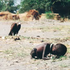 Un niño desnutrido y un buitre en un paisaje árido. Una imagen impactante que podría ser parte de fotos premiadas.