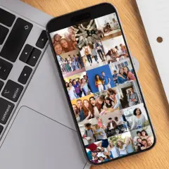 Teléfono móvil mostrando un collage de fotos de jóvenes sonriendo y divirtiéndose, ideal para organizar fotos de recuerdos.
