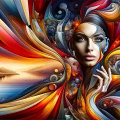 Un rostro femenino emerge de un torbellino de colores vibrantes que se funden con un paisaje de montaña y lago. Cada detalle, un punto de inspiración.