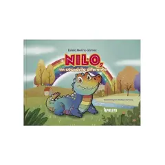 Nilo, un cocodrilo diferente, sonríe bajo un arcoíris. La portada del libro de Estela Merino Gómez muestra un paisaje colorido.