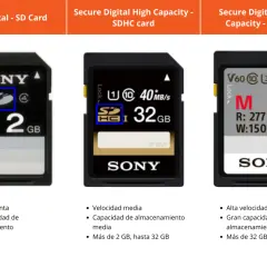 Tres tarjetas de memoria Sony: SD (2GB), SDHC (32GB) y SDXC (256GB). Cada una es una tarjeta micro sd con diferente capacidad y velocidad.