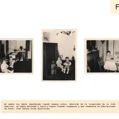 Tres fotos antiguas de niños en interiores. Una de ellas muestra a dos niños sentados en taburetes, con un texto que evoca recuerdos de infancia y la partida de su madre. Son fotos impactantes.