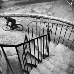 Ciclista en movimiento capturado por uno de los grandes fotógrafos del mundo. La imagen evoca la velocidad y el dinamismo.