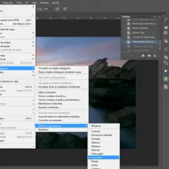 En Photoshop, se muestra el menú "Capa" con la opción "Modo de apilamiento" seleccionada, mostrando "Promedio" como método para apilar fotos.