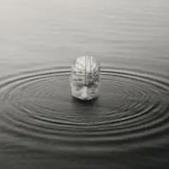 Una cabeza humana con un mapa cerebral emerge del agua, creando ondas concéntricas. Una de las icónicas chema madoz fotos.