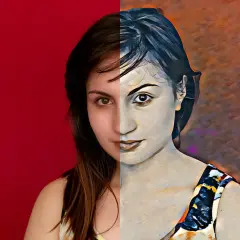 Retrato dividido: mitad real, mitad con filtros neurales de Photoshop, creando un efecto artístico.