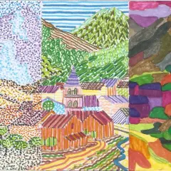 Paisaje dividido en tres secciones: punto, línea y plano. Montañas, pueblo y campos de cultivo con colores vibrantes.