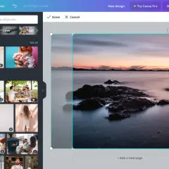 Interfaz de edición de imágenes, se está por recortar parte de una imagen de un paisaje marino al atardecer.