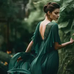 Mujer con vestido verde esmeralda, en un jardín exuberante. Estilos de fotos etéreos y románticos.