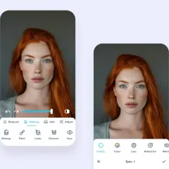 Interfaz de edición de fotos para quitar ojos rojos. Muestra a una mujer pelirroja con ojos azules y pecas.