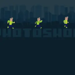 Tres figuras pixeladas corren sobre la palabra "PHOTOSHOP" contra un fondo de siluetas de edificios.