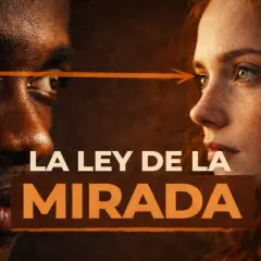 Primeros planos de un hombre y una mujer mirándose, con una flecha naranja que conecta sus ojos, sugiriendo líneas implícitas de conexión y tensión.