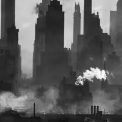 Silueta de rascacielos neoyorquinos envueltos en humo, capturada por Andreas Feininger.
