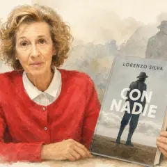 Retrato acuarela de mujer con suéter rojo, sosteniendo el libro "Con Nadie" de Lorenzo Silva.