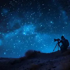 Persona en silueta captura la Vía Láctea en una **fotografía nocturna** desde una colina desértica.
