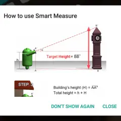 Instrucciones para medir la altura de un edificio usando una app. Un personaje verde apunta a una torre.