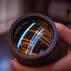 Primer plano de un objetivo de cámara vintage, reflejando luces de colores.