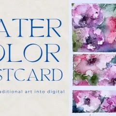 Tarjetas postales con efecto acuarela online. Flores pintadas a mano en tonos rosas y morados, con texto "Watercolor Postcard".