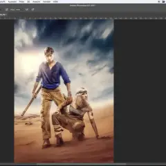 Dos figuras en un paisaje desértico, con una capa de ajuste de Photoshop "Tonwertkorrektur" visible en el panel de capas.