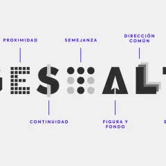Ejemplos de ley de semejanza en diseño: la palabra GESTALT se forma con elementos visuales que comparten características, como puntos o formas.
