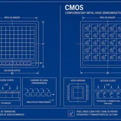 Diagrama comparativo de CCD vs CMOS, mostrando la arquitectura de cada sensor y cómo procesan la luz.