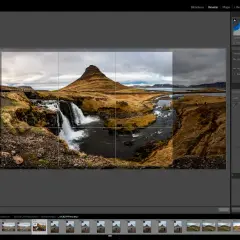 Interfaz de Adobe Lightroom Classic para recortar muchas imágenes a la vez, mostrando el paisaje de Kirkjufell en Islandia.