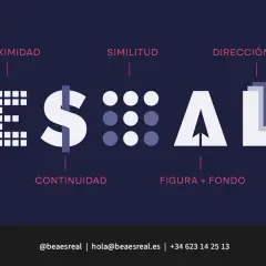 La palabra "GESALT" se forma con elementos visuales que ilustran principios de la **teoría de la Gestalt**: cierre, proximidad, continuidad, similitud, figura+fondo y simetría.