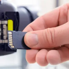Mano insertando una tarjeta SD en una cámara. La tarjeta SD sirve para guardar fotos y videos.