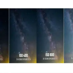 Comparación de la Vía Láctea con diferentes ajustes de iso camera: 200, 400, 800 y 1600, con exposición de 30 segundos.