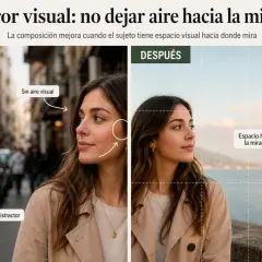 Comparativa de cómo **encuadrar fotos** para mejorar la composición. Izquierda: sin espacio visual, fondo distractor. Derecha: con espacio hacia la mirada.