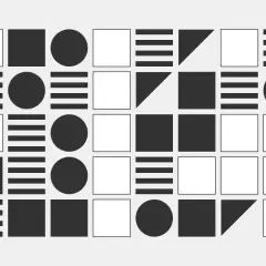 Composición geométrica con cuadrados, círculos y líneas en una forma abstracta.