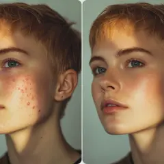Comparar fotos: rostro con acné antes y después de un retoque, mostrando una piel más lisa y uniforme.