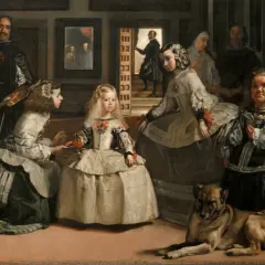 Un dibujo de Las Meninas: el pintor Velázquez, la infanta Margarita, sus damas, una monja, un guardadamas y un perro en una escena palaciega.
