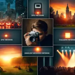 Collage de fotografía que muestra diferentes tipos de medición de luz, incluyendo medición puntual, evaluativa y ponderada a la luz.