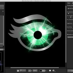 Interfaz de Photoshop con el plugin "Electrify" creando un efecto de ojo con rayos, similar a plugins photoshop gratis.