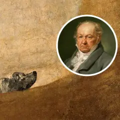 El perro de Goya emerge de la tierra, mientras su autor, Francisco de Goya, observa con seriedad.