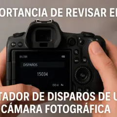 Manos sostienen una cámara digital, mostrando la pantalla con el contador de disparos en 15034. Es importante revisar los disparos de tu cámara.