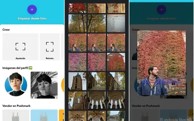 App de edición de fotos para **photorooms eliminar fondo**. Muestra opciones para crear plantillas, editar fotos y vender en Poshmark.