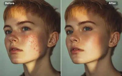 Comparar fotos: rostro con acné antes y después de un retoque, mostrando una piel más lisa y uniforme.