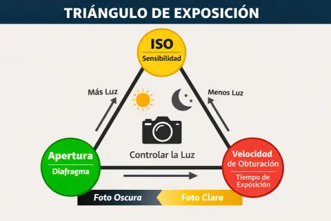 Diagrama del triángulo de exposición: ISO, apertura y velocidad de obturación. La apertura controla la luz para una fotografía.