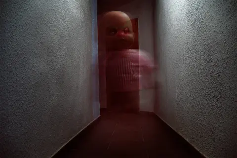 Un muñeco con ojos rojos y cejas verdes aparece en un pasillo oscuro. Son fotos que dan mucho miedo.
