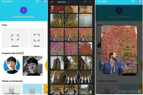 App de edición de fotos para **photorooms eliminar fondo**. Muestra opciones para crear plantillas, editar fotos y vender en Poshmark.